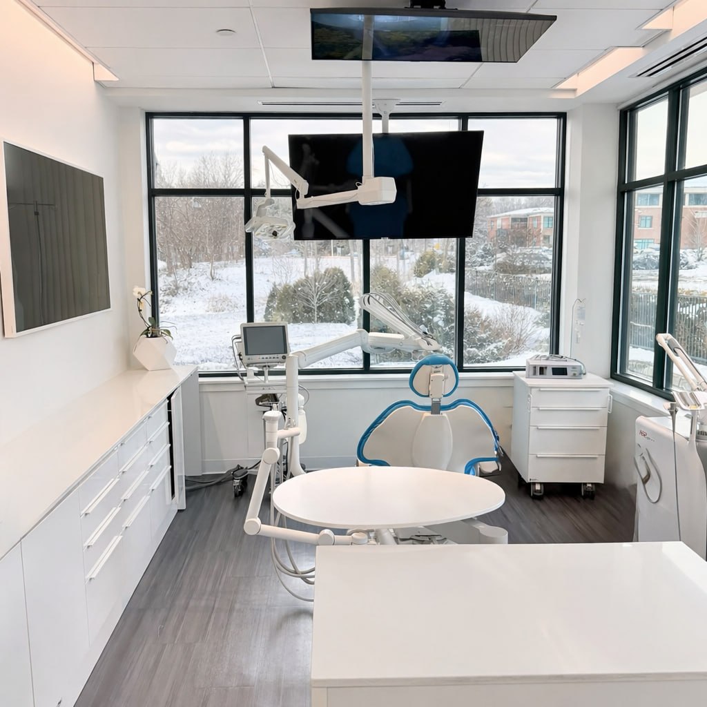 Main operatory at Natural Dentistry Center — panoramic windows, clean and modern